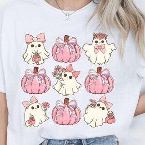 Pink Ghost Coquette Bow Tee, Retro Fall Pumpkin Bow Tee